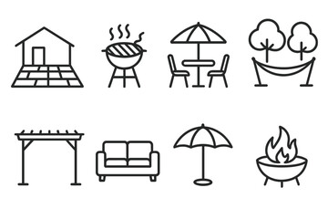 outline vector icons of outdoor living: patio, BBQ grill, garden table, hammock, pergola, outdoor sofa, umbrella shade, fire pit. set of line style icons in a modern, minimalist design.