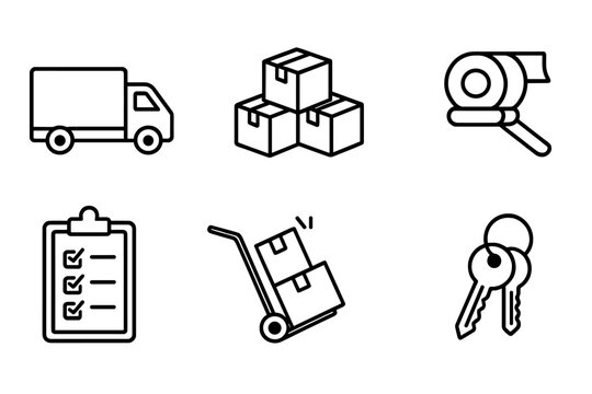 Logistics and delivery icons set: linear style featuring truck, boxes, tape, and more