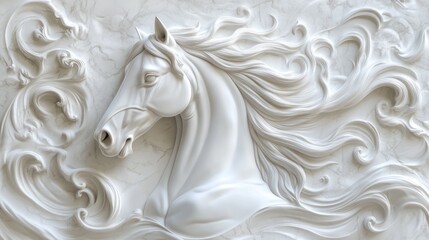 White horse head relief, marble background, elegant design, home decor