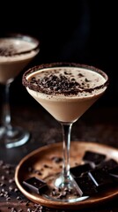 Decadent Chocolate Martini in a Martini Glass, Chocolate Shavings and Chunks on Wooden Plate