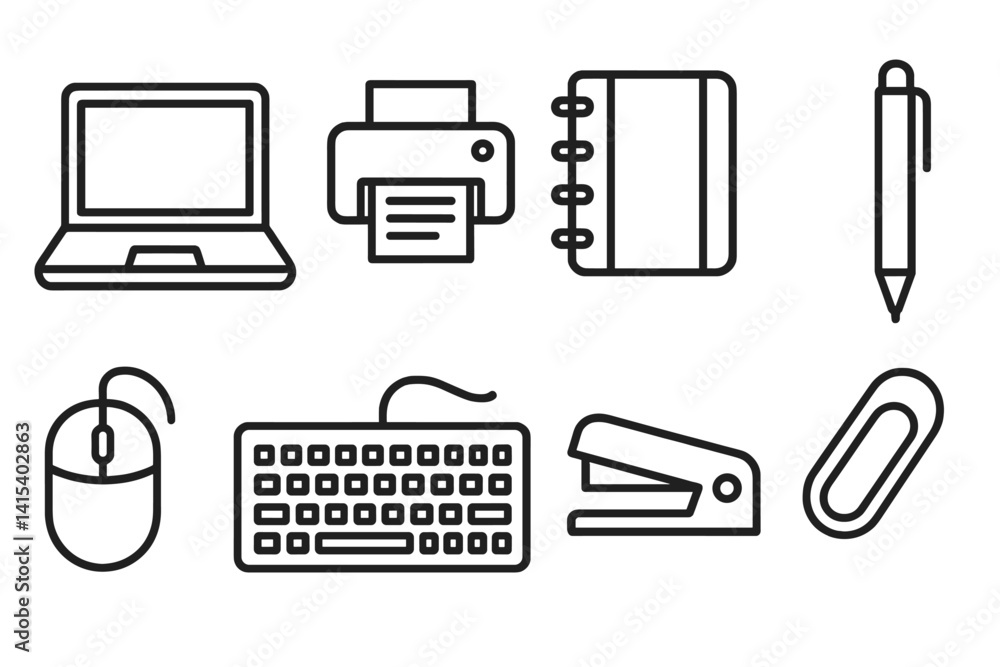 Aufkleber office tools icon set: linear style for business and workspace applications