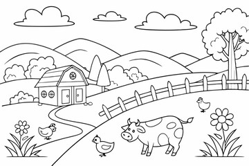 Farm animals and rural landscape, coloring page for kids, colorless, uncolored, black and white