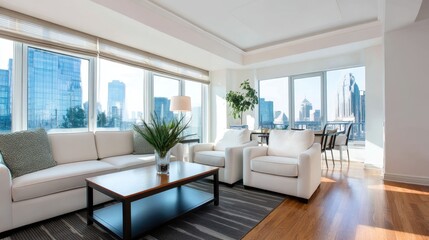 Naklejka premium Modern living room with white furniture, city skyline view, and sunlight streaming through windows
