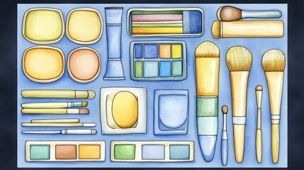 Colorful makeup kit illustration.  Organized cosmetic tools and palettes in a vibrant layout