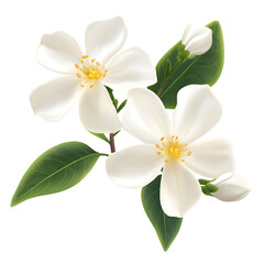 realistic jasmine flower with delicate white petals and yellow center small green leaves detailed botanical illustration clip art white background