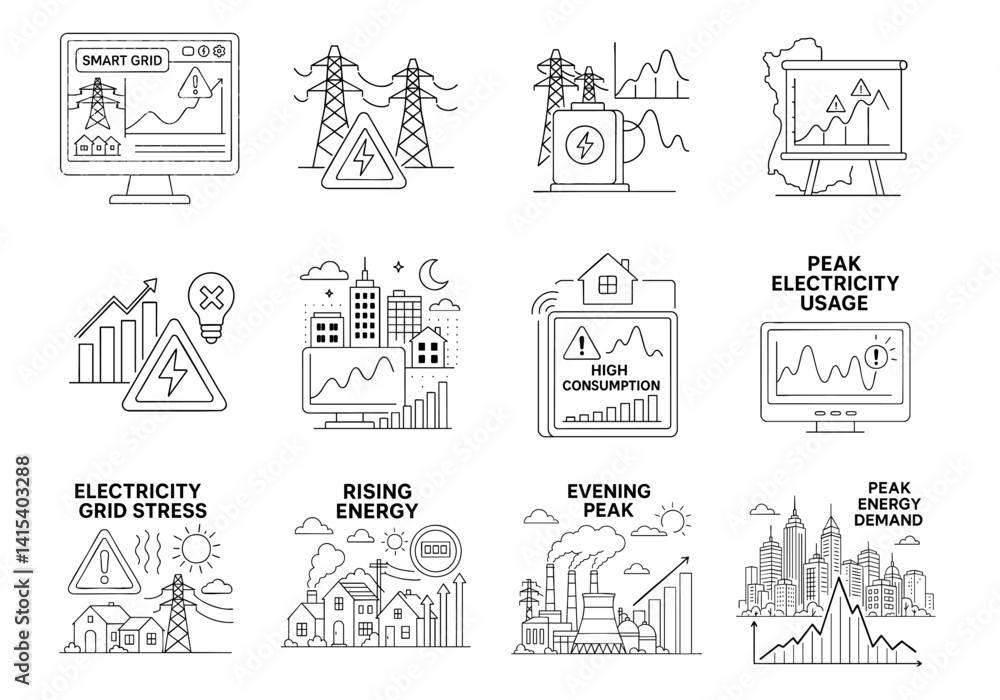 Poster peak energy demand concept. illustrations depicting electricity usage and grid management concepts.