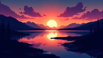 Fototapeta premium Stunning Sunset Over Serene Lake Landscape
