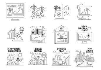 peak energy demand concept. Illustrations depicting electricity usage and grid management concepts.