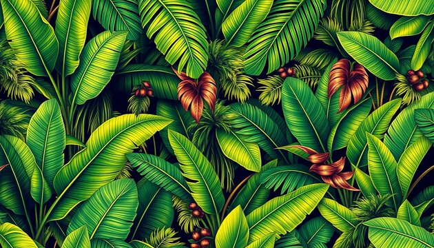 Vintage tropical botanical palm & banana seamless pattern, lush green jungle foliage, green, repeat