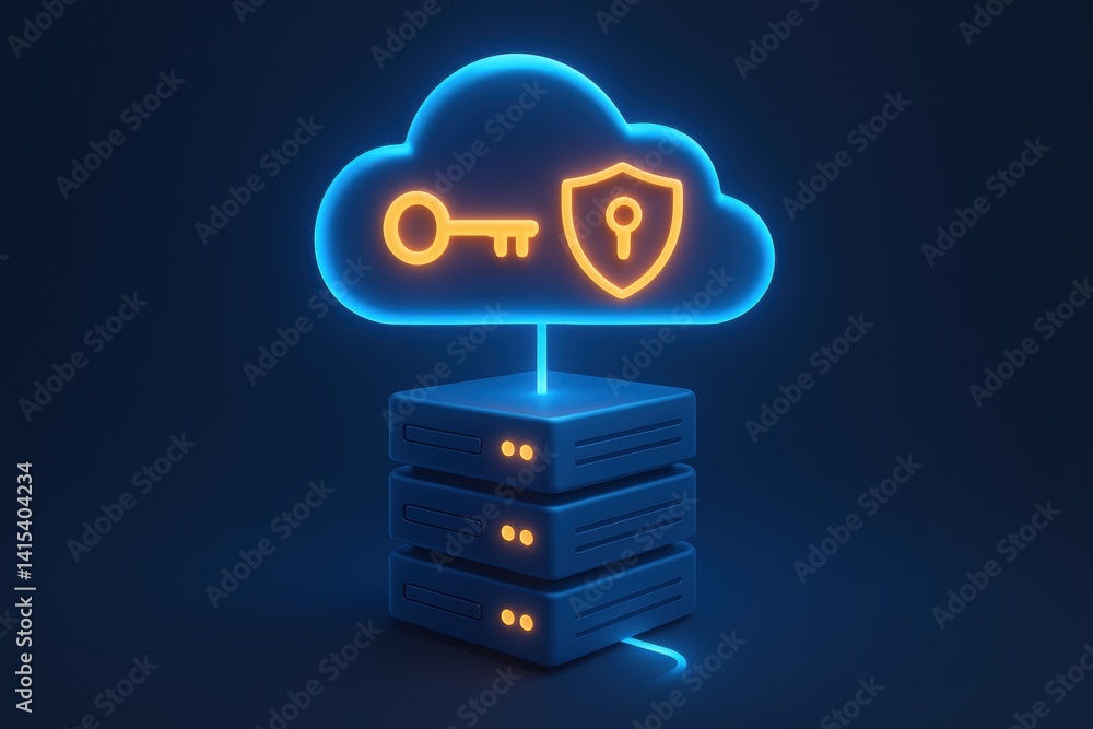 Poster cloud data security: a vibrant graphic depicting cloud data security. a luminous cloud holds a key a