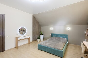 interior room apartment bedroom with bed, cozy place to sleep and relax