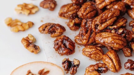 Obraz premium Close Up View of Candied Pecans on a White Surface, Perfect for Snacks and Festive Holiday Treats