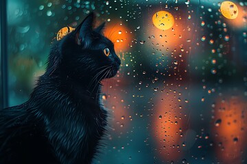 **Cat Silhouette Sitting By Window With Raindrops, Moody Blue Light Deep Emotional Stock For Books, Ads, And Mental Health Themes --Ar 3:2 --S 1000 --V 6.0 --Style Raw** - @Darya (Relaxed)