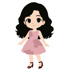 Chibi Girl in Pink Floral Dress with Curls and Heels | Cute Romantic Cartoon Character