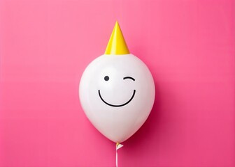 Obraz premium A playful white balloon with a yellow party hat, smiling and winking against a vibrant pink background. Perfect for cheerful celebrations, birthdays, and festive moments