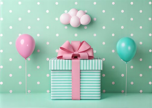 A mint green striped gift box with a large pink ribbon and bow sits against a polka-dotted wall. A pastel pink balloon and cloud-shaped balloons add a playful touch to this celebration scene - Powered by Adobe