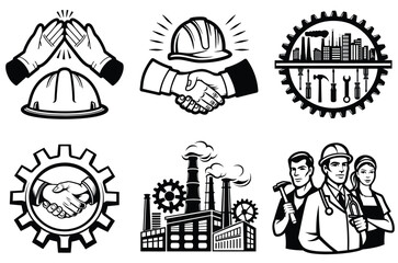 Fototapeta premium A collection of black and white illustrations highlighting themes of industrial work, labor unity, and collaboration. Featuring symbols of teamwork, industrial tools, and workers