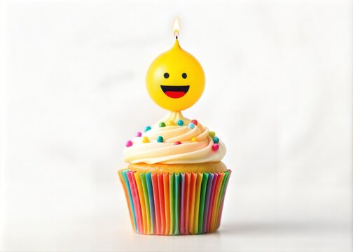 elebrate Mother's Day with a colorful cupcake topped with fluffy white frosting, sprinkles, and a bright smiley candle. A perfect festive treat for the occasion