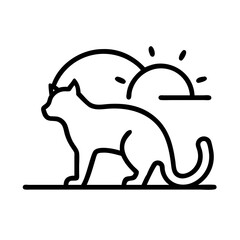 Cat silhouette vector illustration, simple line art of feline with sun and landscape design element, pet