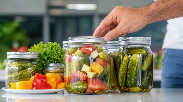 Pickle organic hand pick Person placing vegetables in jars on a kitchen counter.