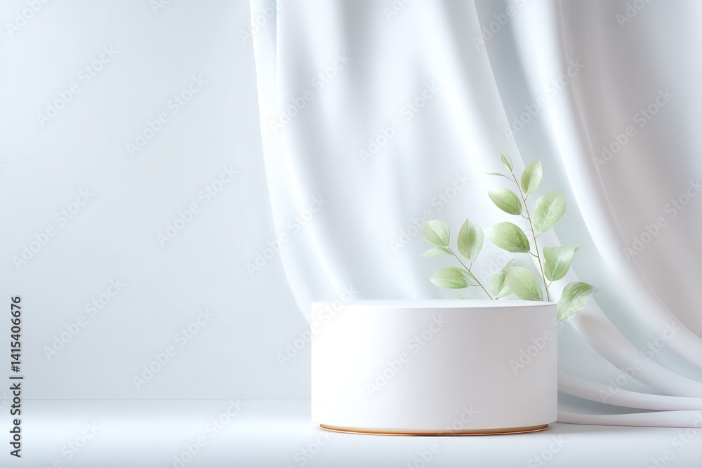Poster minimalistic empty podium stands before elegant curtains inviting versatility and tranquility