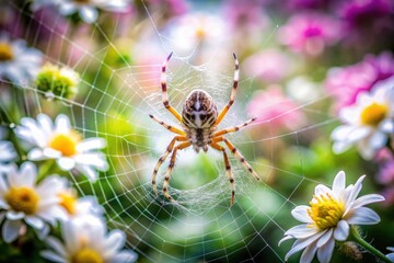 Obraz premium Orb Weaver Spider On Web Surrounded By Colorful Flowers Summer Garden Serene Nature Wildlife