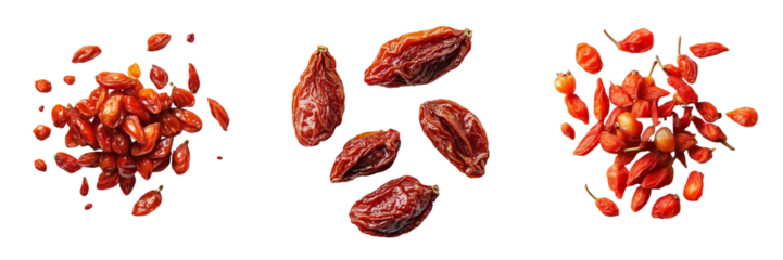 Set of Close-up shot of dried goji berries arranged neatly on a rustic wooden surface on transparent png background. Ai generated
