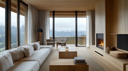 Modern living room with mountain view and fireplace