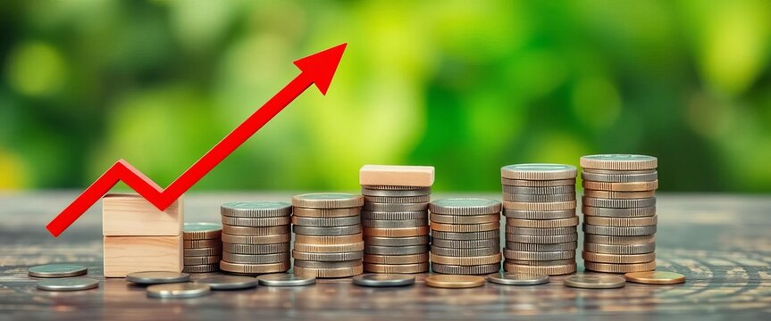 Wooden blocks stacked on coins rising with red arrow,  price hike,  risk