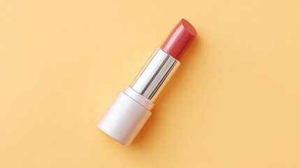 minimalistic flat lay of single lipstick on smooth solid color background ensuring ample copy space