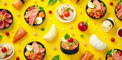 Vibrant yellow background with traditional narutomaki Japanese food seamless pattern, Nutrition, Decorative