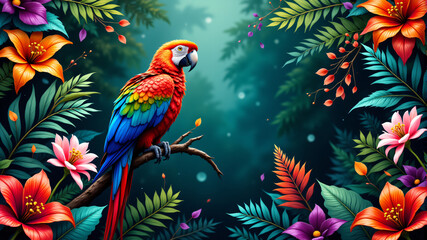 Obraz premium Vibrant Parrot Amidst Lush Tropical Foliage