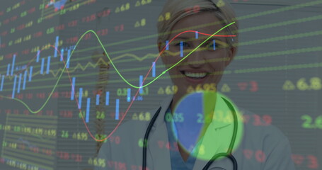 Image of financial data processing over caucasian female doctor