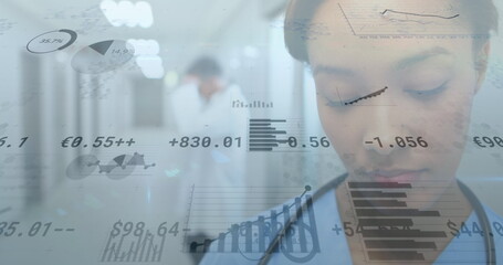 Image of financial data processing over biracial female doctor