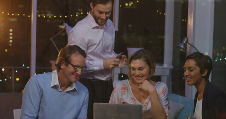 Image of financial data processing over diverse business people