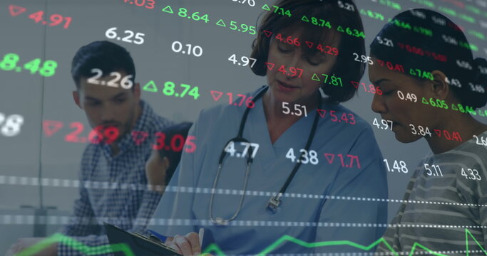 Image of financial data processing over caucasian female doctor with patient