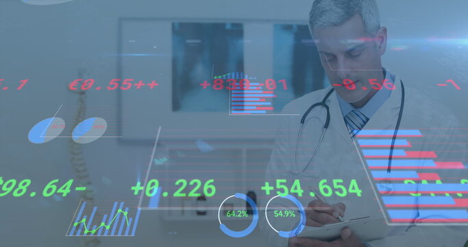 Image of financial data processing over caucasian male doctor