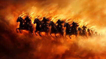 Fototapeta premium A Line of Pharaohs in Chariots are Racing Amidst Flames and Smoke, with each Pharaoh appearing Dark against the Bright Light.