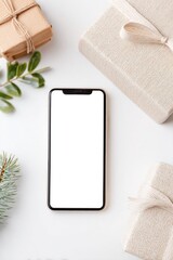 minimalistic image featuring simple smartphone displaying online shopping app interface placed on white table emphasizing