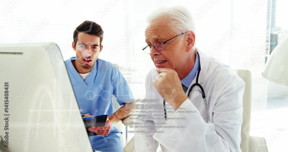 Poster image of chemical formulas and data processing over caucasian male doctors using computer