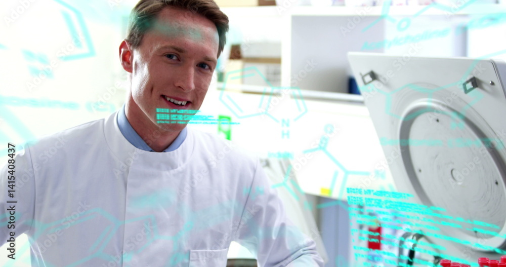 Poster image of formulas and data processing over happy caucasian male lab worker