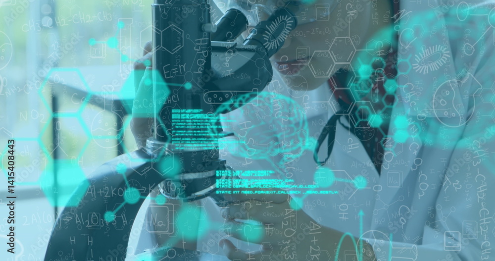 Poster image of formulas and data processing over caucasian female lab worker using microscope
