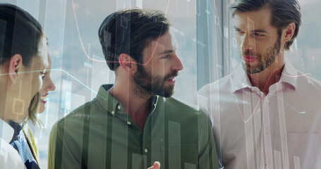 Image of financial data processing over diverse business people