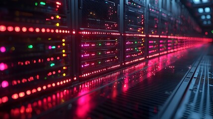 Obraz premium Server room with glowing racks and reflective floor.