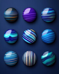 Obraz premium Colorful round abstract designs arranged in a grid, featuring various shades of blue and purple.
