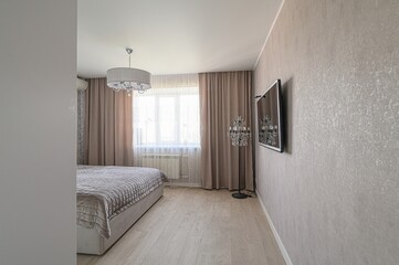 interior room apartment bedroom with bed, cozy place to sleep and relax