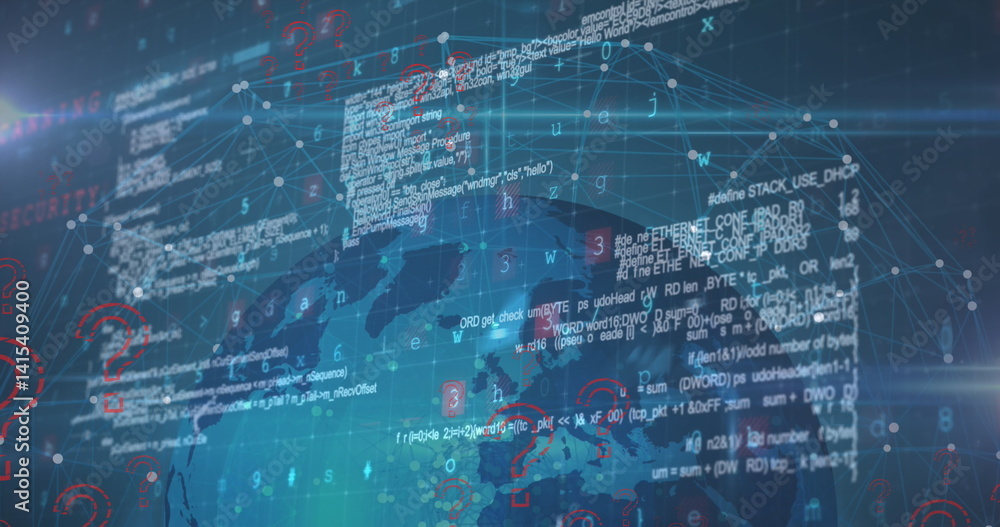 Poster image of question marks, data processing and malware text over globe