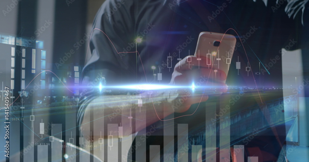Poster image of financial data processing over caucasian businessman using smartphone