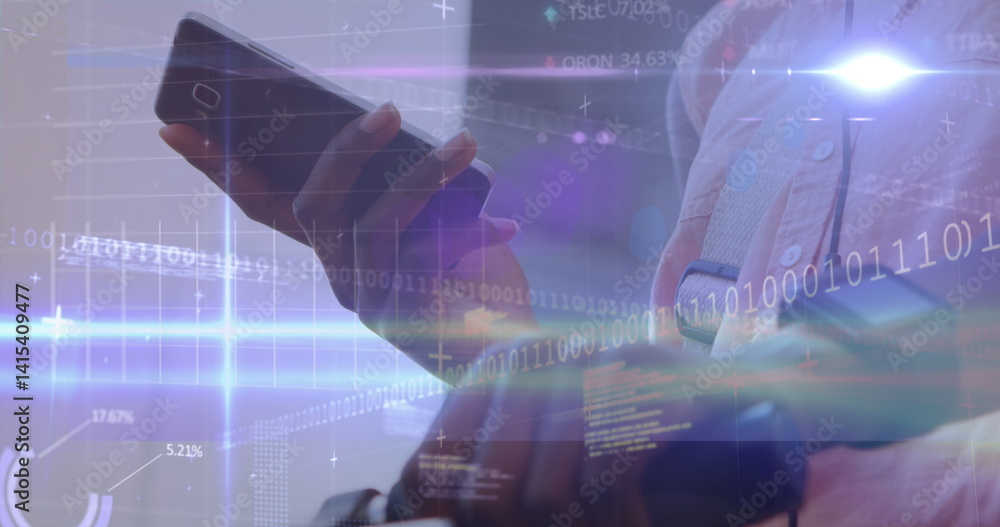 Aufkleber image of financial data processing over caucasian man using smartphone