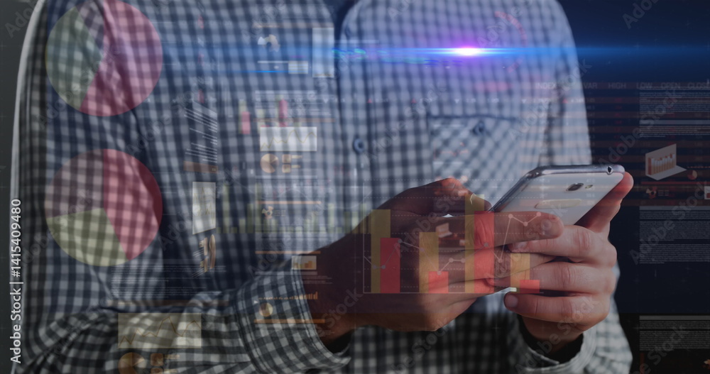Poster image of statistics and financial data processing over caucasian businessman using smartphone